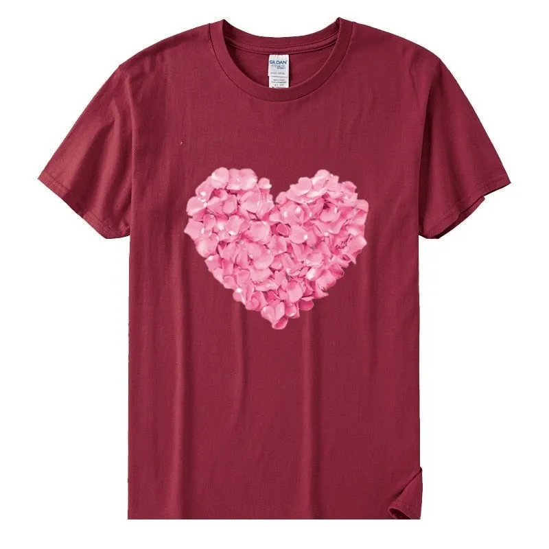 Women's Casual Flower Heart Design Cotton Short Sleeve T-Shirts