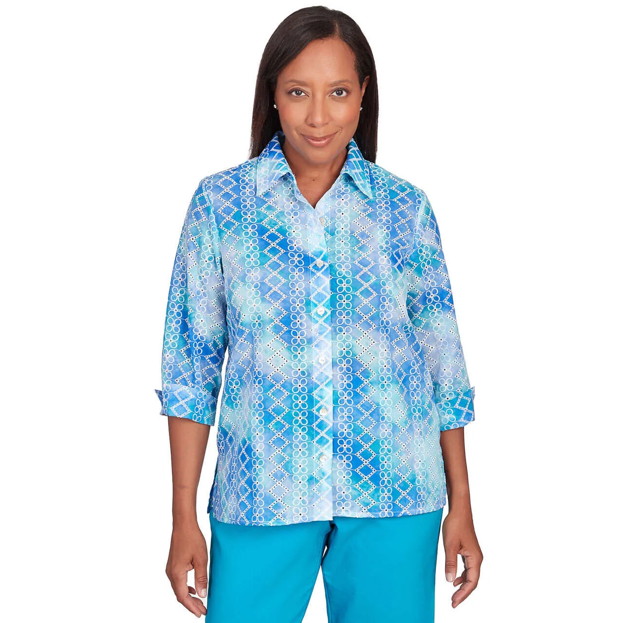 Women's Eyelet Tie Dye Button Down Top